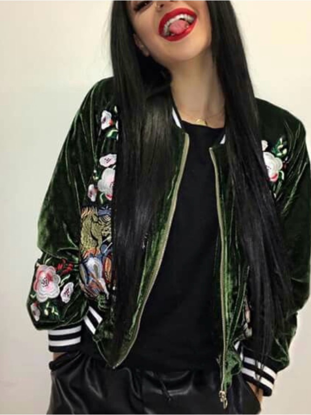Embroidered Velvet Bomber Jacket - Olive Green Vintage Y2K - Picture 6 of 10